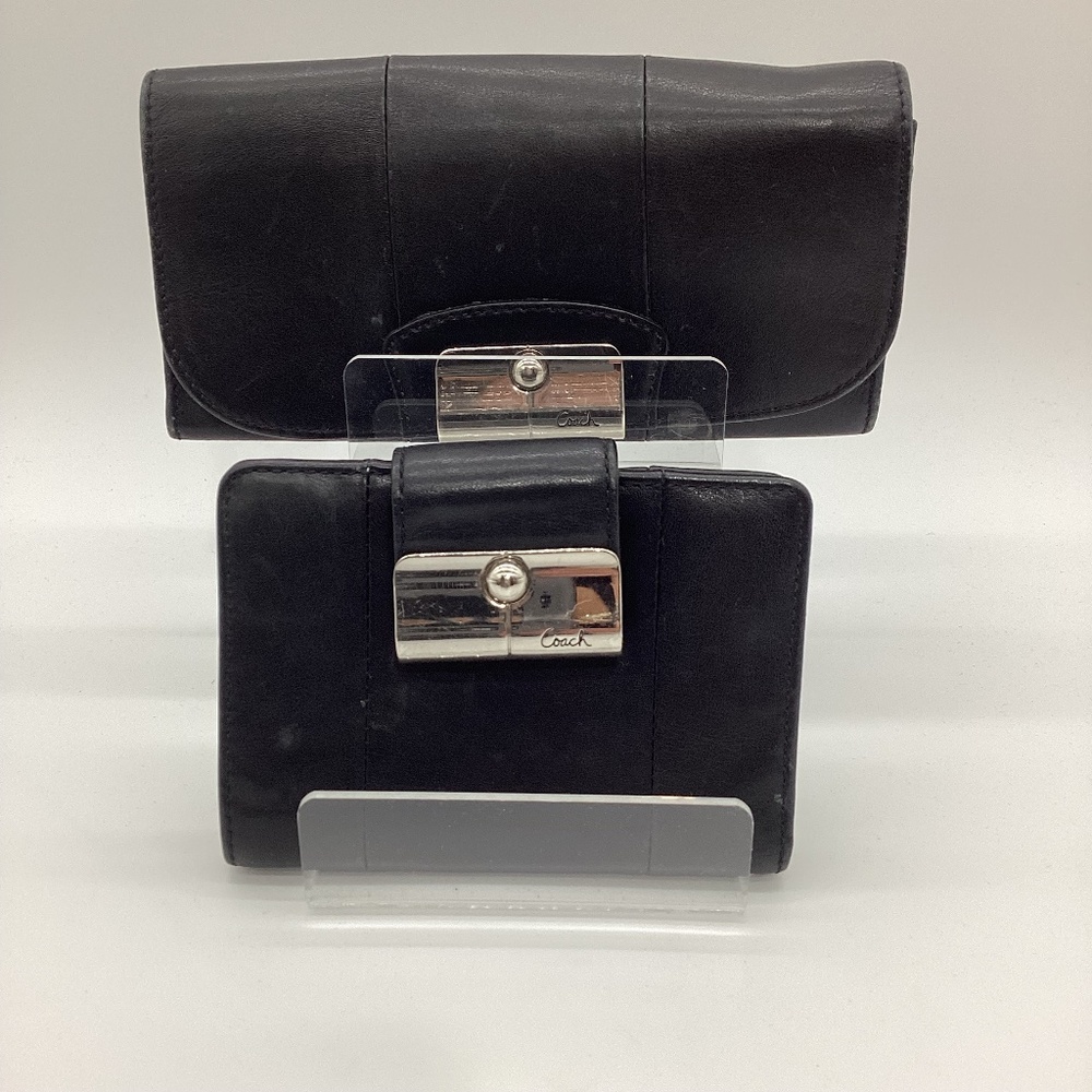 2152. Vintage Coach 2-Piece Wallet Set Black Leather Purple Lining GUC